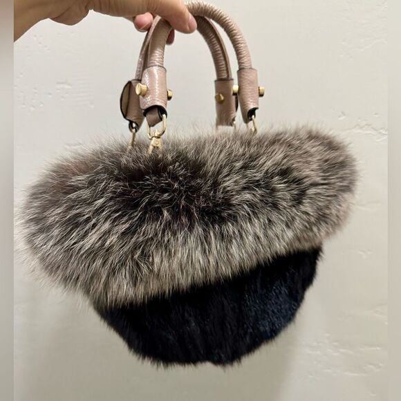 Colorblock Handmade Real Mink Fur & Fox Fur Removable leather Handles Bag - Picture 9 of 14